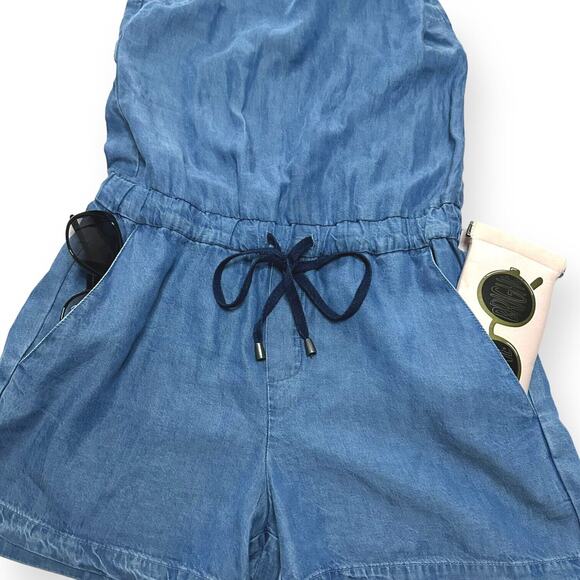 SPLENDID Chambray Romper Vintage Style 90's Y2K Drawstring Small V-Neck Blue - Picture 8 of 11